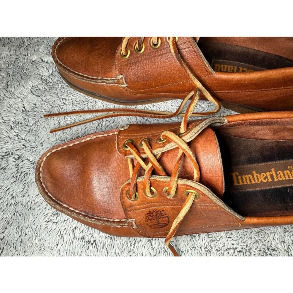 Vintage Timberland USA Made 10M Leather Camp Moc Shoe Vibram Sole Brown Handsewn